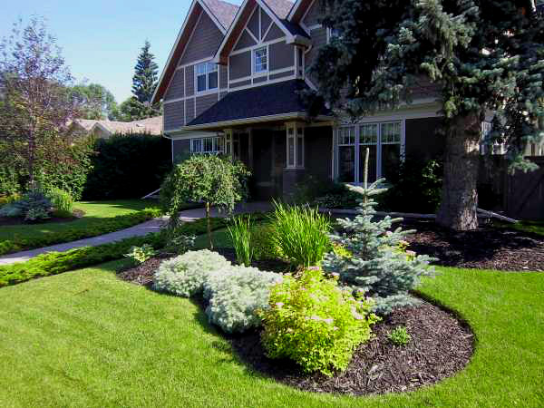 ... front yard landscape design with low maintenance mulched garden beds