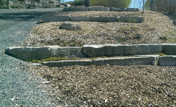 Landscaping a slope doesn't have to be complicated. This very simple idea of large rock retainers and mulch is affordable and practical. It can also be expanded on at any time.
