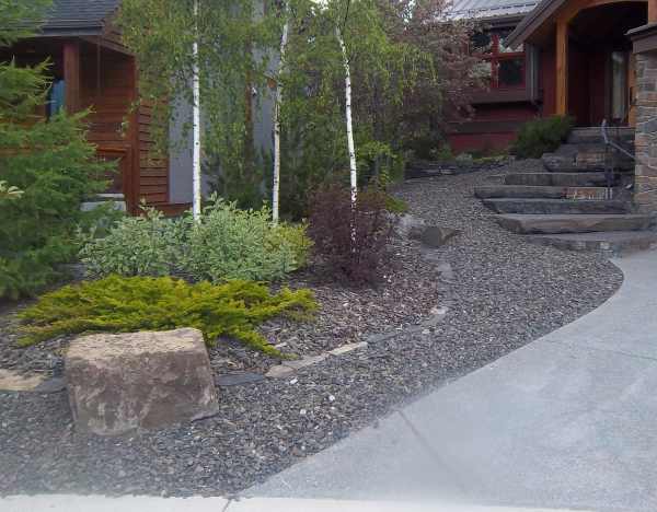Small sloped front yard with low maintenance shrubs. A gravel bed of crushed rock flows out to the street like a river from the front stone steps.