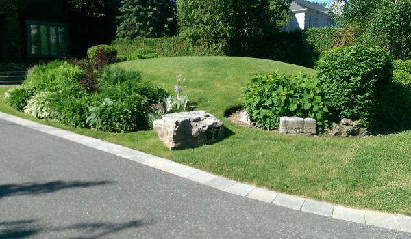 This large rock with the house number becomes a focalization of interest. It draws the eye in between two cut garden beds. Not a complete fail, but slightly awkward.