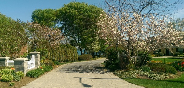 A long driveway entrance with brick pillars and picket style fencing are softened by perennials beds and trees.