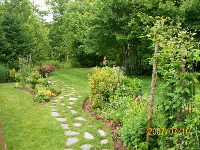 Stepping stone path in grass bordering the end of a busy English style garden on the right. 