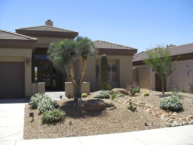 A dry creek bed comes from down the side of the house and splits this front yard, breaking up the sea of gravel. 