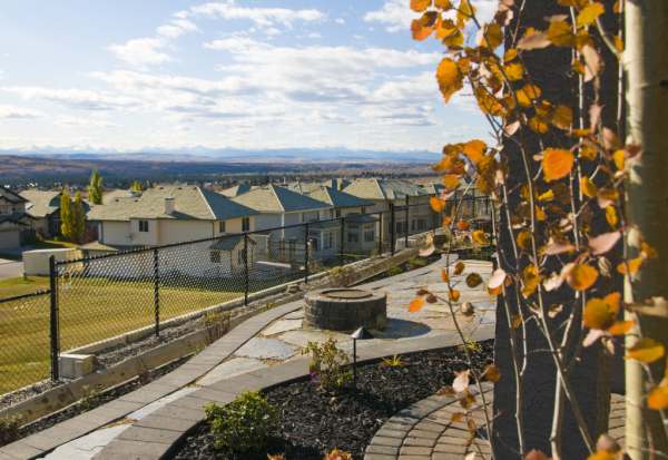 A mixture of natural stone and manufactured brick create nice flowing lines in this low maintenance yard.