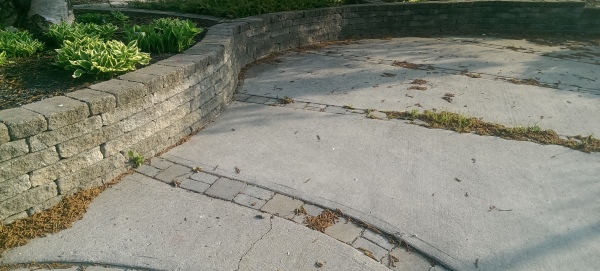 A manufactured block retaining wall makes for a great raised garden bed. Block bands tie the block wall into the concrete patio.