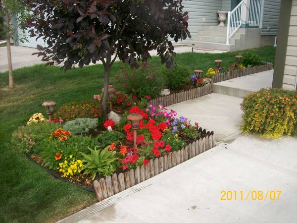 This small front yard garden bed has a nicely arranged mix of annuals and perennials. 